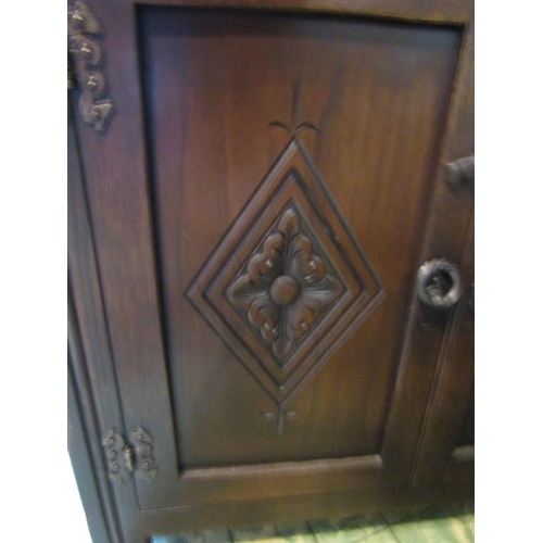 1721 - Carved Oak Cupboard with Fall Front above Single Long Drawers and Cupboard Doors Approximately 6ft 3... 