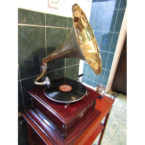 1722 - Victrola Brass Horn Gramophone Working Order with Winder and Old Record Approximately 34 Inches High