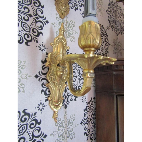 173 - Pair of Gilt Brass Decorated Single Sconce Side Wall Lights Electrified Each Approximately 9 Inches ... 