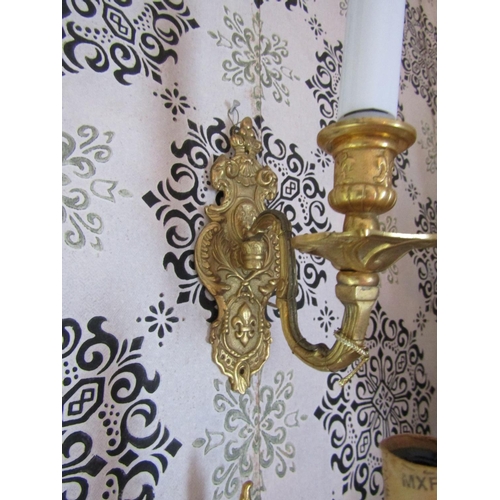 173 - Pair of Gilt Brass Decorated Single Sconce Side Wall Lights Electrified Each Approximately 9 Inches ... 