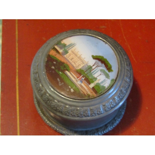 1734 - Antique French Circular Form Handpainted Inset Roundrel Decorated Curio Box Approximately 3 Inches D... 