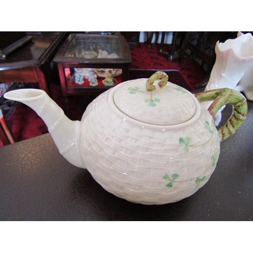 182 - Belleek Shamrock Motif Decorated Teapot of Generous Form Approximately 8 Inches Diameter Green Mark ... 