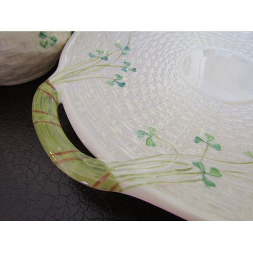 187 - Belleek Shamrock Motif Decorated Green Mark Serving Dish with Twin Side Carry Handles Large Size App... 