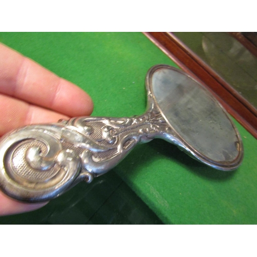 191 - Antique Solid Silver Mounted Ladies Hand Mirror with Embossed Decoration Approximately 11 Inches Hig... 