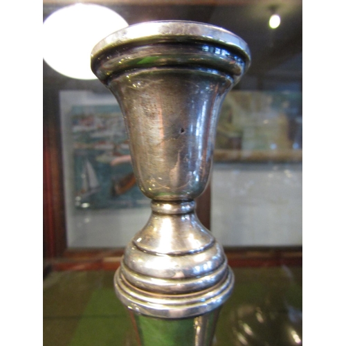 192 - Pair of Solid Silver Candle Rest of Pedestal Form Each Approximately 13 Inches High