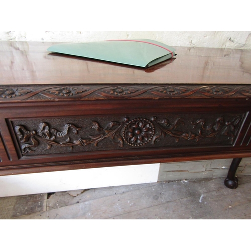 1925 - Antique Figured Mahogany Side Table with Well Carved Frieze above Claw and Ball Supports Approximate... 