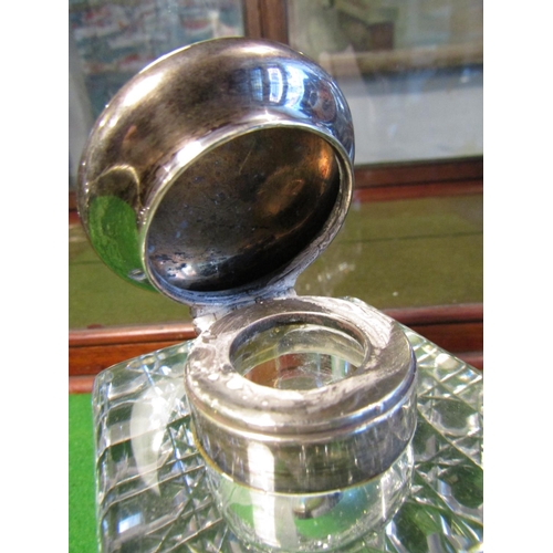 198 - Square Cut Crystal Solid Silver Mounted Ink Well Bottle with Hinged Cover