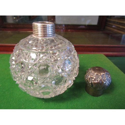 200 - Edwardian Hobnail Cut Crystal Solid Silver Mounted Perfume Jar Globe Form with Screw Top