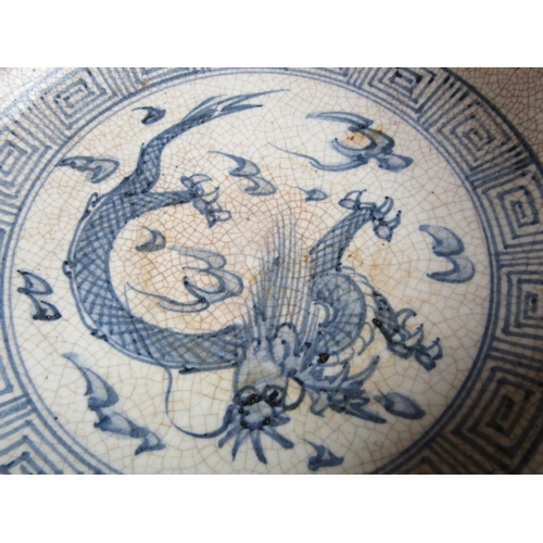 207 - Oriental Blue and White Shallow Form Dish Decorated with Dragon Approximately 10 Inches Diameter