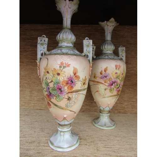 210 - Pair of Antique Ruddestadt Fine Bone Porcelain Urns with Floral Motif Decoration Pedestal Form Each ... 