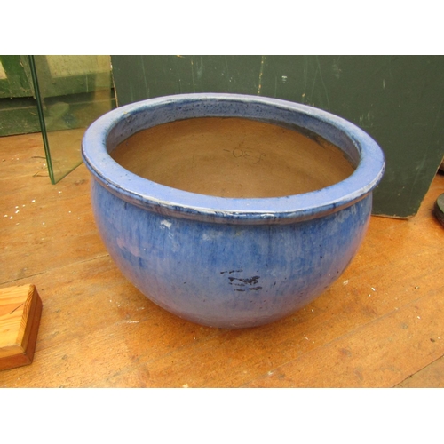 216 - Large Blue Ground Fired Earthenware Circular Form Plant Pot Approximately 22 Inches Diameter