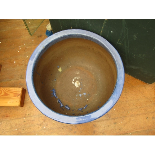 216 - Large Blue Ground Fired Earthenware Circular Form Plant Pot Approximately 22 Inches Diameter