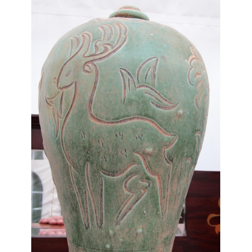 224 - Chinese Green Ground Shaped Form Vase with Incised Decoration Approximately 17 Inches High