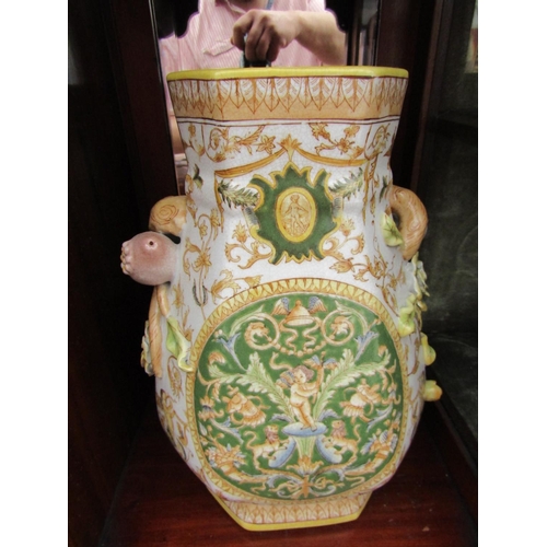 227 - Pair of Pale Ground Peach Motif Decorated Vases Shaped Form Each Approximately 13 Inches High