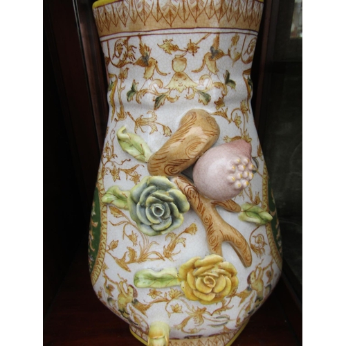 227 - Pair of Pale Ground Peach Motif Decorated Vases Shaped Form Each Approximately 13 Inches High