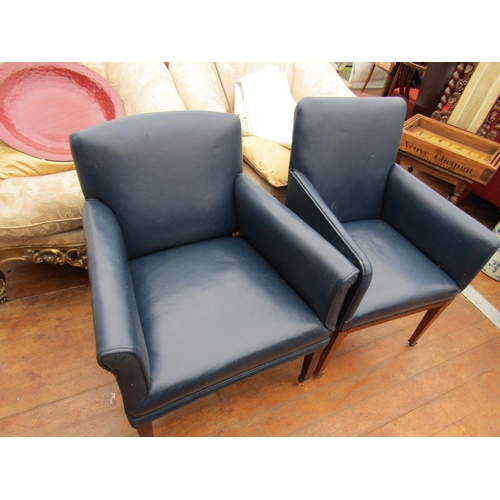 233 - Pair of Dark Blue Leather Upholstered Edwardian Armchairs