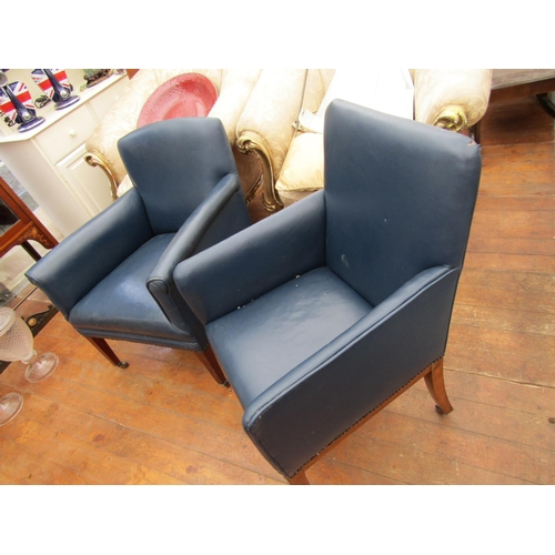 233 - Pair of Dark Blue Leather Upholstered Edwardian Armchairs