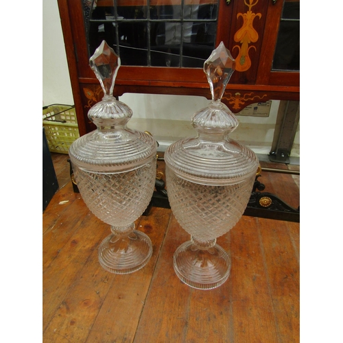 234 - Large Pair of Cut Crystal Apothecary Urns with Original Cover Finial Decorated Each Approximately 26... 