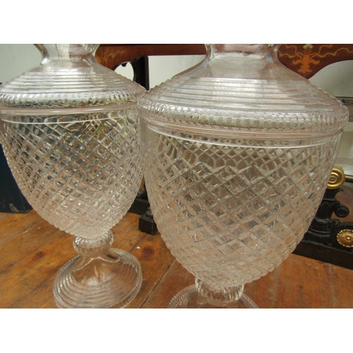 234 - Large Pair of Cut Crystal Apothecary Urns with Original Cover Finial Decorated Each Approximately 26... 