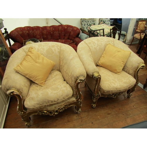 235 - Pair of Antique Carved Giltwood Tub Framed Armchairs of Generous Form