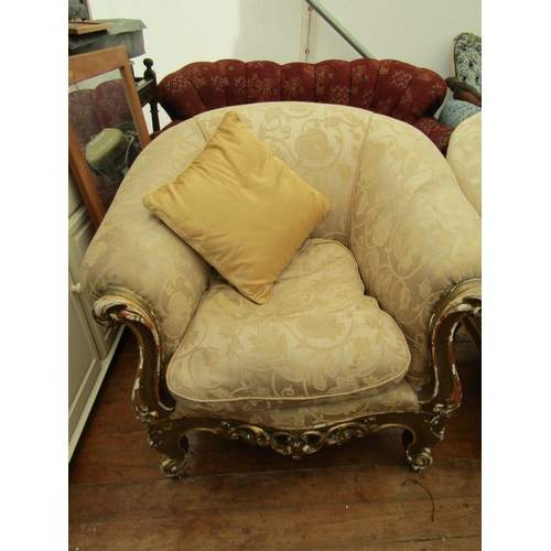 235 - Pair of Antique Carved Giltwood Tub Framed Armchairs of Generous Form