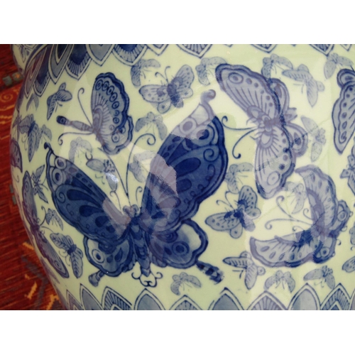 245 - Blue and White Jardiniere with Butterfly Motif Decoration Approximately 15 Inches Diameter