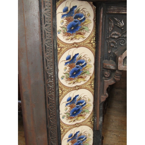 251 - Victorian Cast Iron Fire Inset with Original Tiles Depicting Flowers Five to Each Side