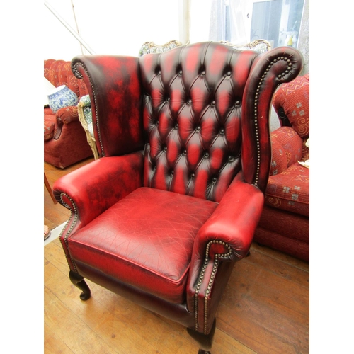 253 - Pair of Burgundy Leather Deep Button Upholstered Wingback Armchairs of Generous Form Good Condition