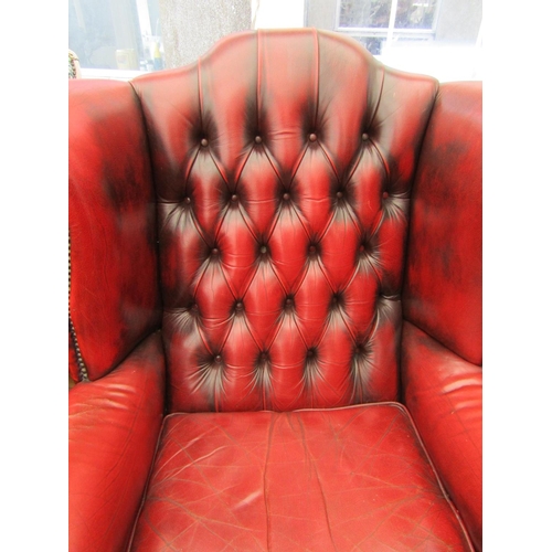 253 - Pair of Burgundy Leather Deep Button Upholstered Wingback Armchairs of Generous Form Good Condition