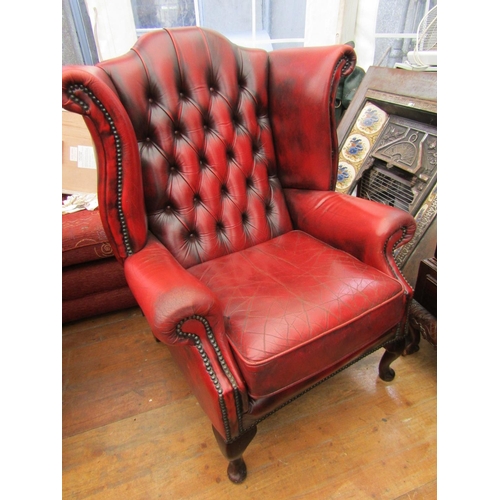 253 - Pair of Burgundy Leather Deep Button Upholstered Wingback Armchairs of Generous Form Good Condition