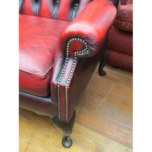 253 - Pair of Burgundy Leather Deep Button Upholstered Wingback Armchairs of Generous Form Good Condition