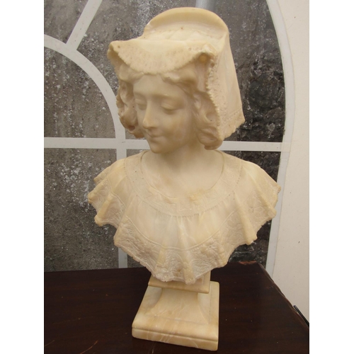 254 - Antique Carved Marble Bust of Lady with Hat Approximately 22 Inches High