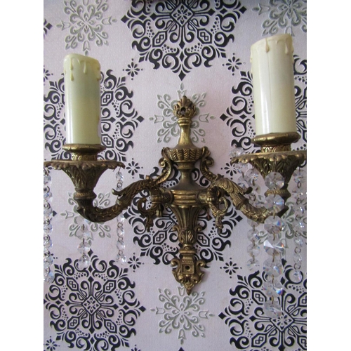 271 - Pair of Ormolu Mounted Twin Sconce Side Wall Lights with Crystal Lustres Each Approximately 9 Inches... 