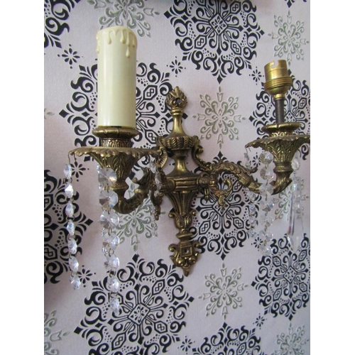 271 - Pair of Ormolu Mounted Twin Sconce Side Wall Lights with Crystal Lustres Each Approximately 9 Inches... 