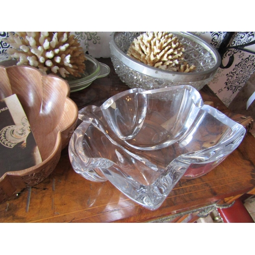 281 - Cut Crystal Leaf Motif Bowl and Two Others with Walnut Scallop Form Dish and Two Souvenirs Bethlehem... 