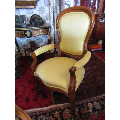 282 - Pair of Yellow Silk Upholstered Victorian Drawing Room Armchairs of Elegant Design Good Original Con... 