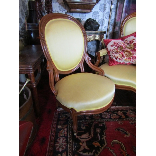 282 - Pair of Yellow Silk Upholstered Victorian Drawing Room Armchairs of Elegant Design Good Original Con... 