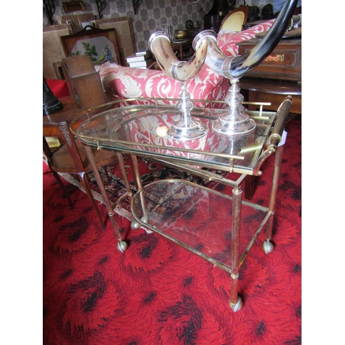 296 - Vintage Brassbound Hostess Trolley with Two Glazed Shelves above Casters