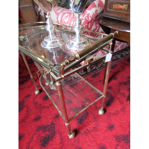 296 - Vintage Brassbound Hostess Trolley with Two Glazed Shelves above Casters