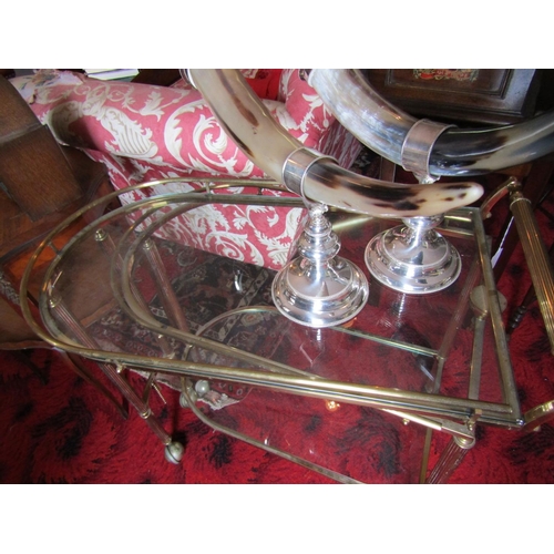 296 - Vintage Brassbound Hostess Trolley with Two Glazed Shelves above Casters