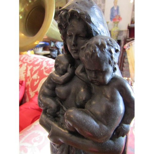 300 - Bronze Sculpture Mother with Child on Original Circular Form Marble Base Approximately 20 Inches Hig... 