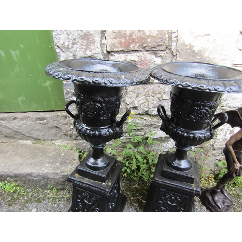 302 - Pair of Cast Iron Garden Urns on Pedestals Each Approximately 38 Inches High