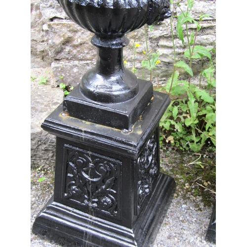 302 - Pair of Cast Iron Garden Urns on Pedestals Each Approximately 38 Inches High