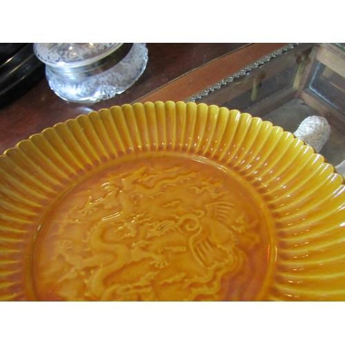 317 - Yellow Ground Oriental Dish of Scalloped Form with Dragon Motif Decoration to Well Approximately 9 I... 