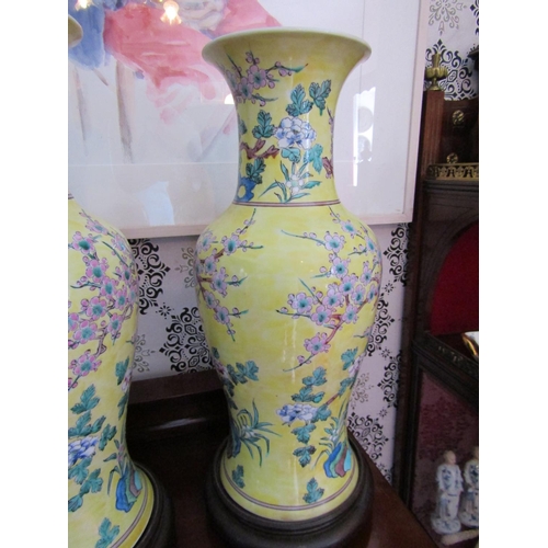 319 - Pair of Yellow Ground Oriental Vases with Floral Motif Decoration Each Approximately 20 Inches High