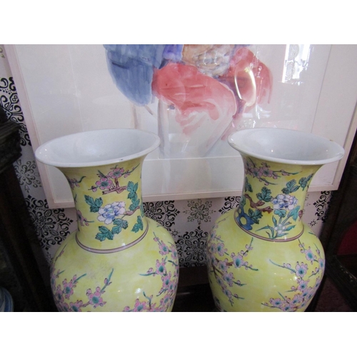 319 - Pair of Yellow Ground Oriental Vases with Floral Motif Decoration Each Approximately 20 Inches High