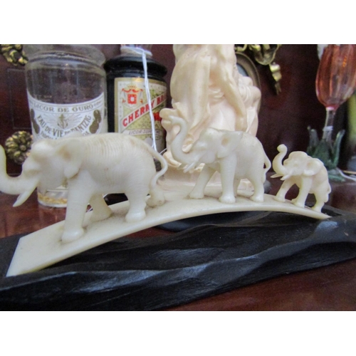 325 - Carved Ivory Figure of Elephants with Five Other Pieces including Vintage Glass Part Photographed