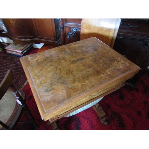 336 - Victorian Figured Walnut Foldover Side or Games Table with Single Drawer  above Well Carved End Supp... 