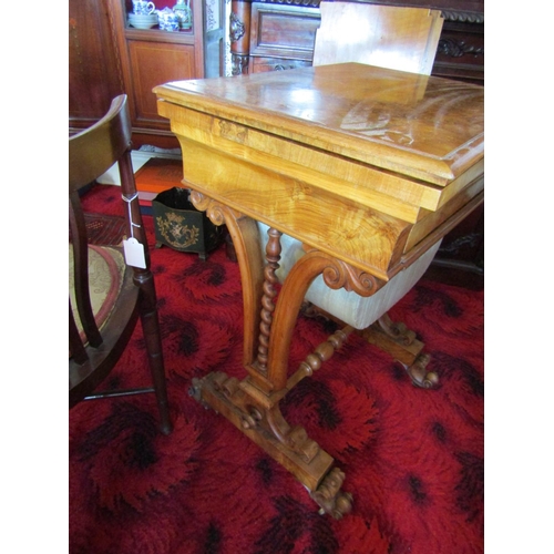 336 - Victorian Figured Walnut Foldover Side or Games Table with Single Drawer  above Well Carved End Supp... 