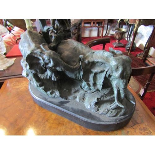 337 - Bronze Sculpture Elephants Well Chased and Modelled on Oval Form Marble Base Approximately 16 Inches... 